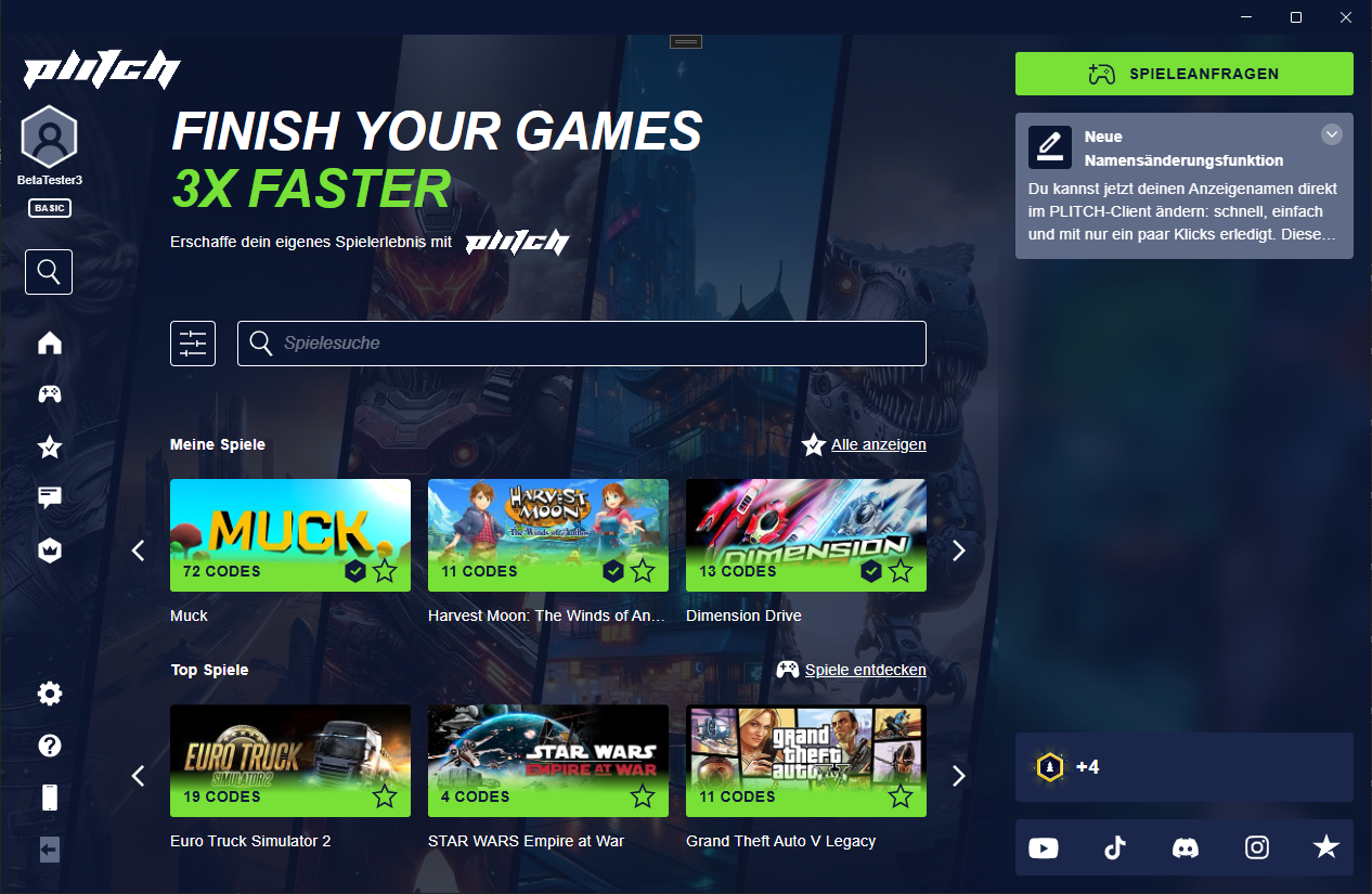 Die Startseite des PLITCH Clients
